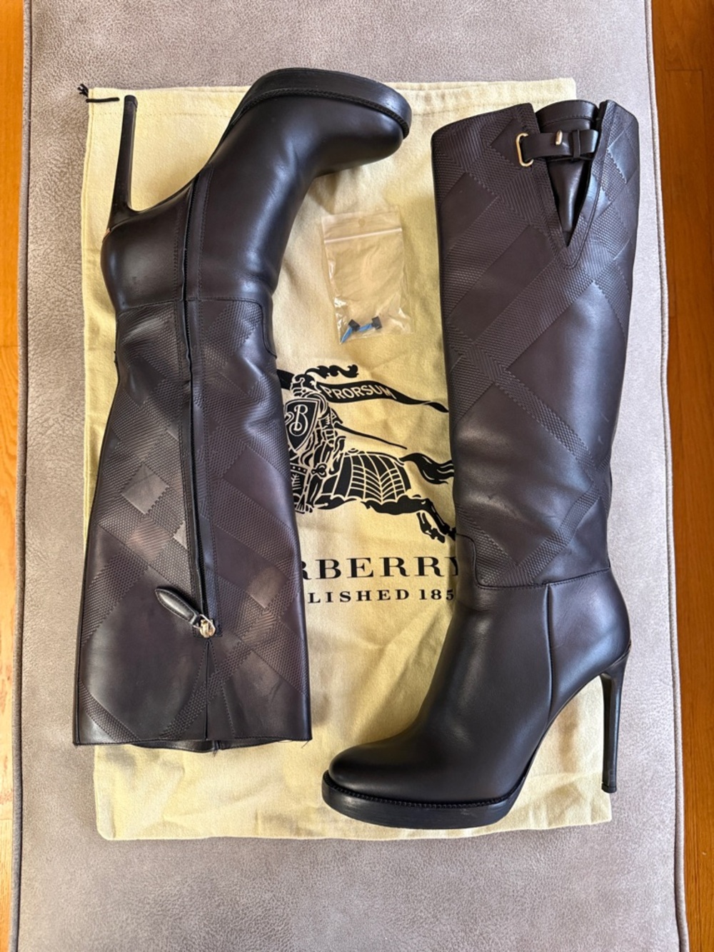 Burberry Black Leather Knee-High Stiletto Boots with Signature Check Texture